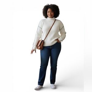 NWT Women’s Mock Neck White Sweater with Black Stitch Accents